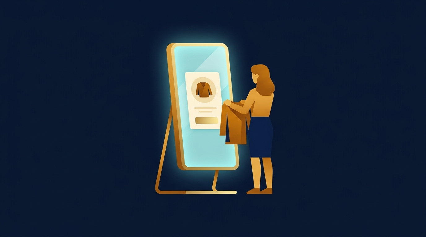 Concept illustration of the AI Clothing Checkout Mirror: a shopper holding a garment up to a screen that displays its details and a checkout action