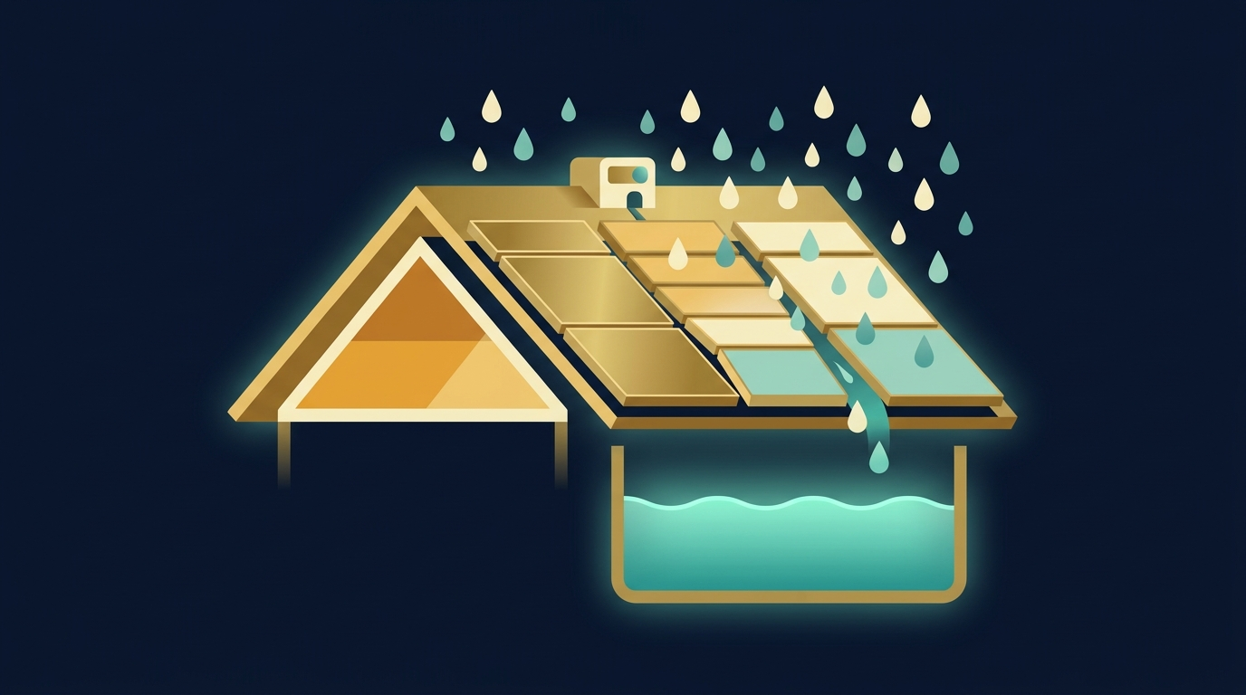 Concept illustration of the Smart Rainwater Control Roof: sloped roof panels channelling rainwater into a collection tank