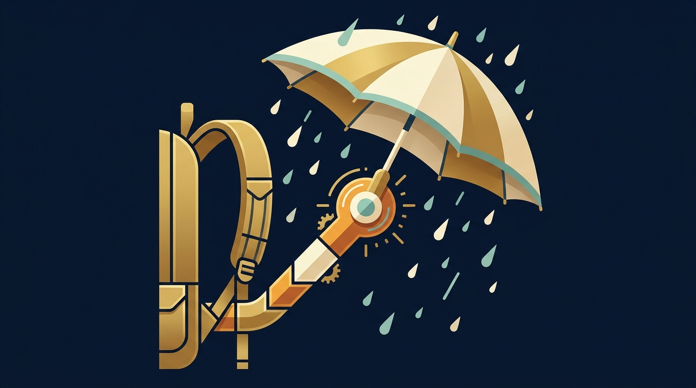 Concept illustration of the Multi-Move Umbrella Holder: an adjustable arm mounted to a backpack strap holding an umbrella overhead in the rain