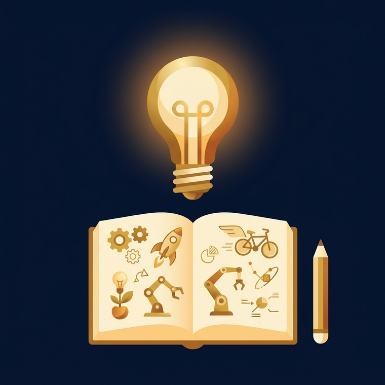 A lightbulb glowing above an open notebook of invention sketches