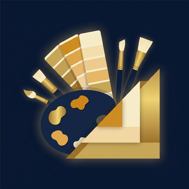 An artist palette with brushes and a fan of colour swatches
