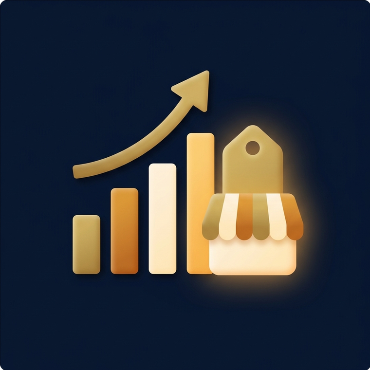 A rising bar chart with an upward arrow beside a price tag and storefront