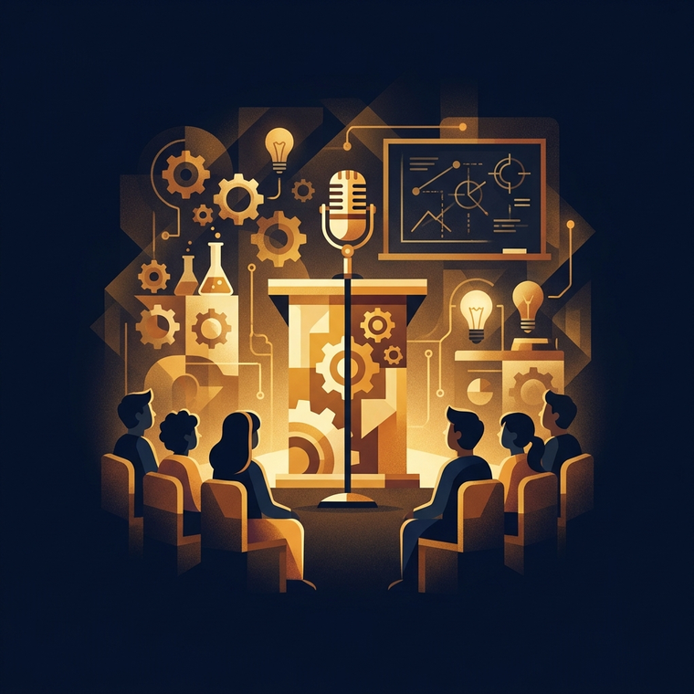 A podium and microphone facing a seated audience