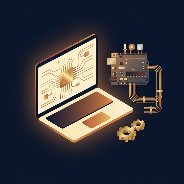 A laptop beside a microcontroller board with sensors and wiring