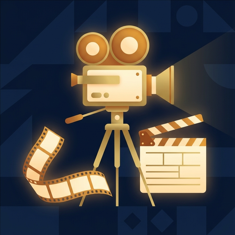 A cinema camera on a tripod beside a clapperboard and film strip